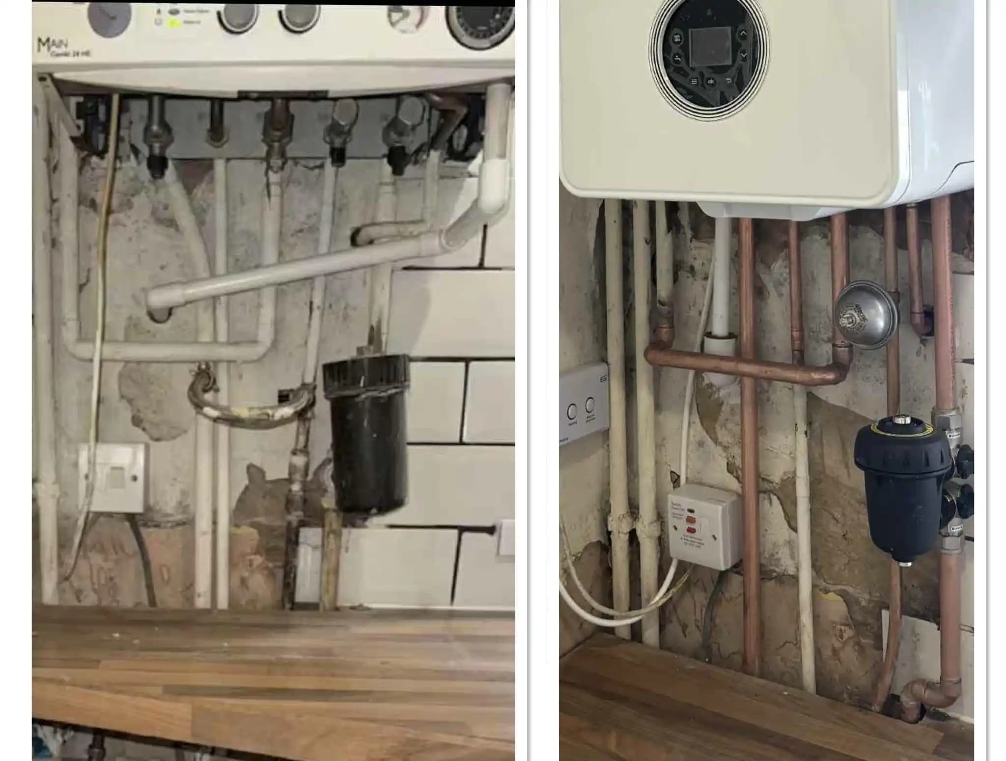 Before and after boiler pipework upgrade in a kitchen with cleaner copper pipework and filter.