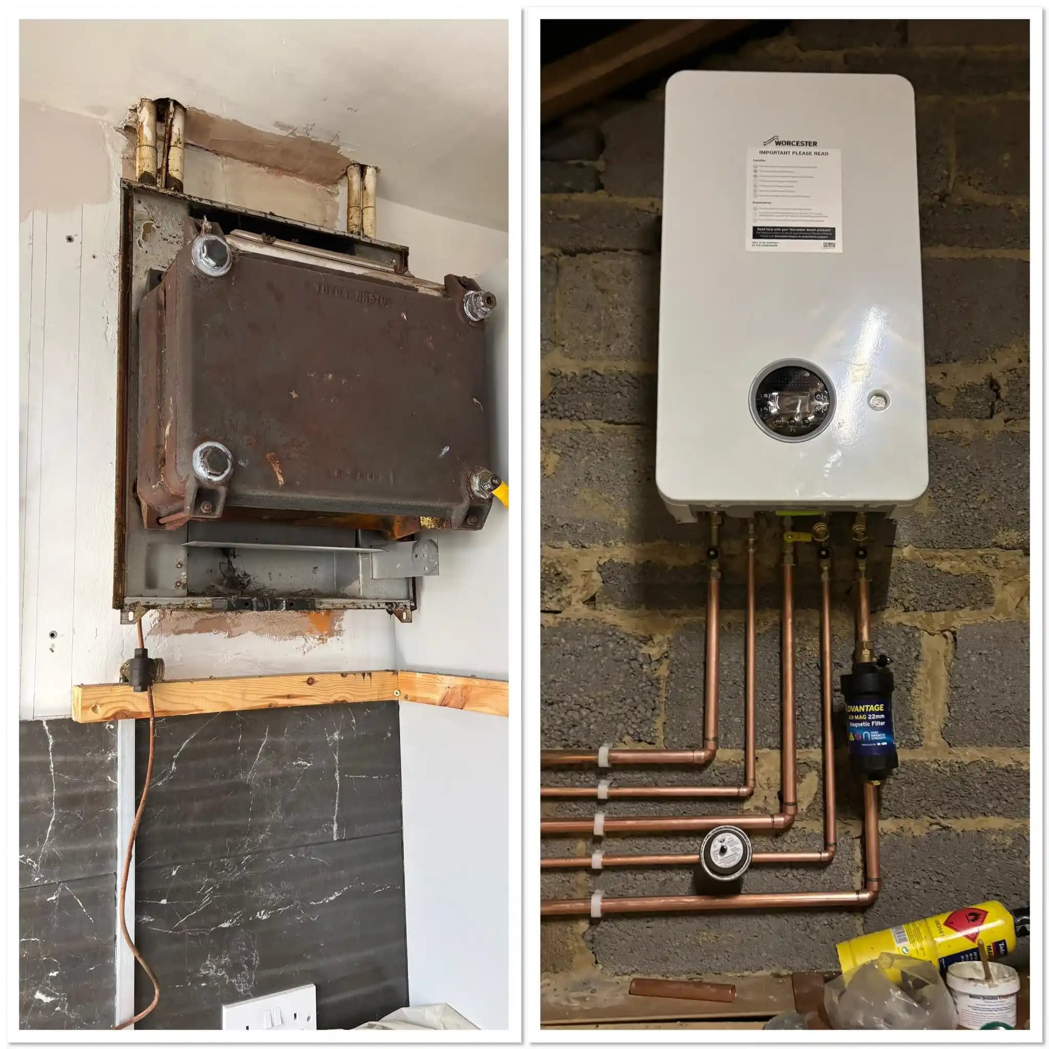 Before and after boiler replacement showing old unit removed and new Worcester boiler installed on a brick wall.