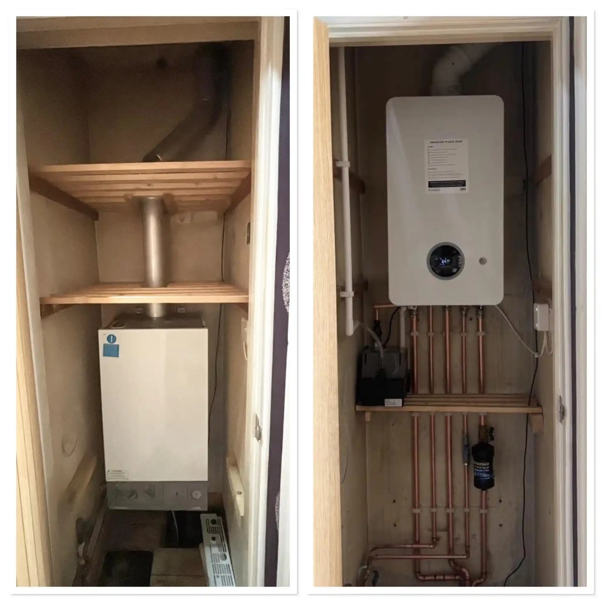 Before and after cupboard boiler upgrade from an older unit to a new wall-mounted boiler.